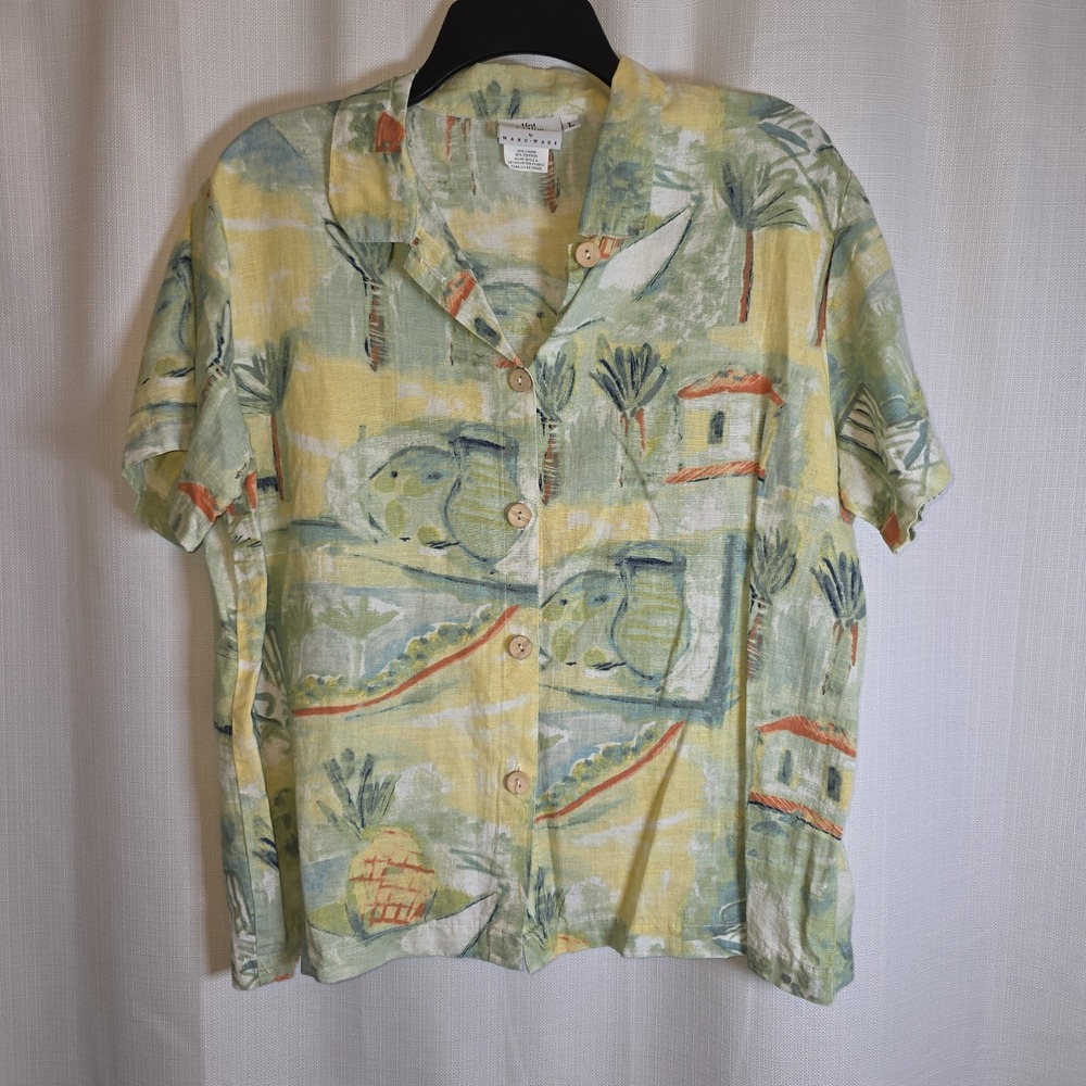 Hot Cotton Marc Ware Shirt Womens L Linen Scenic Coastal Beach Button Front Prep